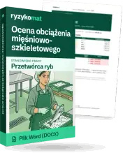 Pudełko dokumentu „Ocena obciążenia mięśniowo-szkieletowego” ze znakiem Ryzykomat i napisem „Plik Word (DOCX)” na froncie, ilustracja stanowiska „Przetwórca ryb”; zza pudełka wystaje strona prawdziwego dokumentu z rozmytą treścią