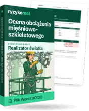Pudełko dokumentu „Ocena obciążenia mięśniowo-szkieletowego” ze znakiem Ryzykomat i napisem „Plik Word (DOCX)” na froncie, ilustracja stanowiska „Realizator światła”; zza pudełka wystaje strona prawdziwego dokumentu z rozmytą treścią