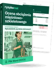 Pudełko dokumentu „Ocena obciążenia mięśniowo-szkieletowego” ze znakiem Ryzykomat i napisem „Plik Word (DOCX)” na froncie, ilustracja stanowiska „Rękodzielnik wyrobów skórzanych”; zza pudełka wystaje strona prawdziwego dokumentu z rozmytą treścią