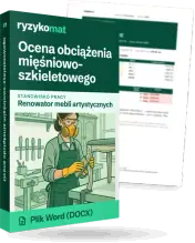 Pudełko dokumentu „Ocena obciążenia mięśniowo-szkieletowego” ze znakiem Ryzykomat i napisem „Plik Word (DOCX)” na froncie, ilustracja stanowiska „Renowator mebli artystycznych”; zza pudełka wystaje strona prawdziwego dokumentu z rozmytą treścią
