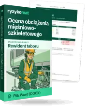 Pudełko dokumentu „Ocena obciążenia mięśniowo-szkieletowego” ze znakiem Ryzykomat i napisem „Plik Word (DOCX)” na froncie, ilustracja stanowiska „Rewident taboru”; zza pudełka wystaje strona prawdziwego dokumentu z rozmytą treścią