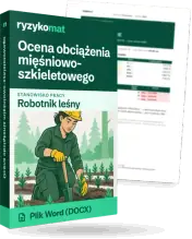 Pudełko dokumentu „Ocena obciążenia mięśniowo-szkieletowego” ze znakiem Ryzykomat i napisem „Plik Word (DOCX)” na froncie, ilustracja stanowiska „Robotnik leśny”; zza pudełka wystaje strona prawdziwego dokumentu z rozmytą treścią