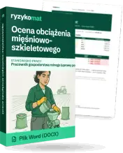 Pudełko dokumentu „Ocena obciążenia mięśniowo-szkieletowego” ze znakiem Ryzykomat i napisem „Plik Word (DOCX)” na froncie, ilustracja stanowiska „Pracownik gospodarstwa rolnego (uprawy polowe)”; zza pudełka wystaje strona prawdziwego dokumentu z rozmytą treścią