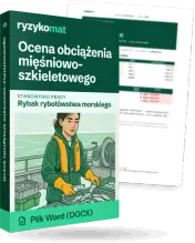 Pudełko dokumentu „Ocena obciążenia mięśniowo-szkieletowego” ze znakiem Ryzykomat i napisem „Plik Word (DOCX)” na froncie, ilustracja stanowiska „Rybak rybołówstwa morskiego”; zza pudełka wystaje strona prawdziwego dokumentu z rozmytą treścią