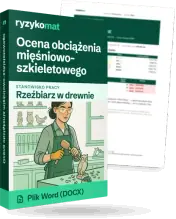 Pudełko dokumentu „Ocena obciążenia mięśniowo-szkieletowego” ze znakiem Ryzykomat i napisem „Plik Word (DOCX)” na froncie, ilustracja stanowiska „Rzeźbiarz w drewnie”; zza pudełka wystaje strona prawdziwego dokumentu z rozmytą treścią