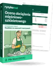 Pudełko dokumentu „Ocena obciążenia mięśniowo-szkieletowego” ze znakiem Ryzykomat i napisem „Plik Word (DOCX)” na froncie, ilustracja stanowiska „Rzeźbiarz w owocach i warzywach”; zza pudełka wystaje strona prawdziwego dokumentu z rozmytą treścią