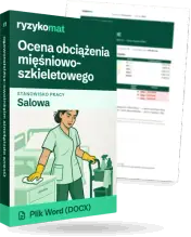 Pudełko dokumentu „Ocena obciążenia mięśniowo-szkieletowego” ze znakiem Ryzykomat i napisem „Plik Word (DOCX)” na froncie, ilustracja stanowiska „Salowa”; zza pudełka wystaje strona prawdziwego dokumentu z rozmytą treścią