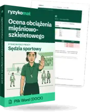 Pudełko dokumentu „Ocena obciążenia mięśniowo-szkieletowego” ze znakiem Ryzykomat i napisem „Plik Word (DOCX)” na froncie, ilustracja stanowiska „Sędzia sportowy”; zza pudełka wystaje strona prawdziwego dokumentu z rozmytą treścią