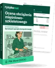 Pudełko dokumentu „Ocena obciążenia mięśniowo-szkieletowego” ze znakiem Ryzykomat i napisem „Plik Word (DOCX)” na froncie, ilustracja stanowiska „Serwisant sprzętu komputerowego”; zza pudełka wystaje strona prawdziwego dokumentu z rozmytą treścią