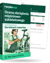 Pudełko dokumentu „Ocena obciążenia mięśniowo-szkieletowego” ze znakiem Ryzykomat i napisem „Plik Word (DOCX)” na froncie, ilustracja stanowiska „Serwisant rowerów”; zza pudełka wystaje strona prawdziwego dokumentu z rozmytą treścią