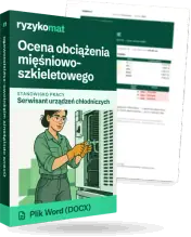 Pudełko dokumentu „Ocena obciążenia mięśniowo-szkieletowego” ze znakiem Ryzykomat i napisem „Plik Word (DOCX)” na froncie, ilustracja stanowiska „Serwisant urządzeń chłodniczych”; zza pudełka wystaje strona prawdziwego dokumentu z rozmytą treścią