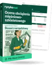 Pudełko dokumentu „Ocena obciążenia mięśniowo-szkieletowego” ze znakiem Ryzykomat i napisem „Plik Word (DOCX)” na froncie, ilustracja stanowiska „Ślusarz narzędziowy”; zza pudełka wystaje strona prawdziwego dokumentu z rozmytą treścią