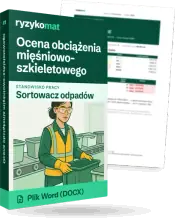 Pudełko dokumentu „Ocena obciążenia mięśniowo-szkieletowego” ze znakiem Ryzykomat i napisem „Plik Word (DOCX)” na froncie, ilustracja stanowiska „Sortowacz odpadów”; zza pudełka wystaje strona prawdziwego dokumentu z rozmytą treścią