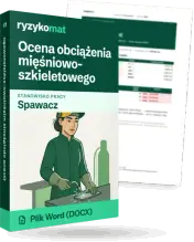 Pudełko dokumentu „Ocena obciążenia mięśniowo-szkieletowego” ze znakiem Ryzykomat i napisem „Plik Word (DOCX)” na froncie, ilustracja stanowiska „Spawacz”; zza pudełka wystaje strona prawdziwego dokumentu z rozmytą treścią