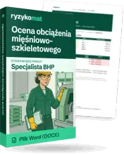 Pudełko dokumentu „Ocena obciążenia mięśniowo-szkieletowego” ze znakiem Ryzykomat i napisem „Plik Word (DOCX)” na froncie, ilustracja stanowiska „Specjalista BHP”; zza pudełka wystaje strona prawdziwego dokumentu z rozmytą treścią