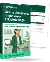 Pudełko dokumentu „Ocena obciążenia mięśniowo-szkieletowego” ze znakiem Ryzykomat i napisem „Plik Word (DOCX)” na froncie, ilustracja stanowiska „Specjalista do spraw kadr i płac”; zza pudełka wystaje strona prawdziwego dokumentu z rozmytą treścią