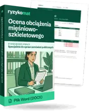 Pudełko dokumentu „Ocena obciążenia mięśniowo-szkieletowego” ze znakiem Ryzykomat i napisem „Plik Word (DOCX)” na froncie, ilustracja stanowiska „Specjalista do spraw zamówień publicznych”; zza pudełka wystaje strona prawdziwego dokumentu z rozmytą treścią