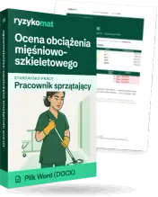 Pudełko dokumentu „Ocena obciążenia mięśniowo-szkieletowego” ze znakiem Ryzykomat i napisem „Plik Word (DOCX)” na froncie, ilustracja stanowiska „Pracownik sprzątający”; zza pudełka wystaje strona prawdziwego dokumentu z rozmytą treścią