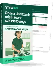 Pudełko dokumentu „Ocena obciążenia mięśniowo-szkieletowego” ze znakiem Ryzykomat i napisem „Plik Word (DOCX)” na froncie, ilustracja stanowiska „Sprzedawca / kasjer”; zza pudełka wystaje strona prawdziwego dokumentu z rozmytą treścią