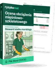 Pudełko dokumentu „Ocena obciążenia mięśniowo-szkieletowego” ze znakiem Ryzykomat i napisem „Plik Word (DOCX)” na froncie, ilustracja stanowiska „Steward statku morskiego”; zza pudełka wystaje strona prawdziwego dokumentu z rozmytą treścią