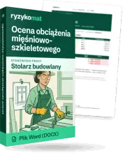 Pudełko dokumentu „Ocena obciążenia mięśniowo-szkieletowego” ze znakiem Ryzykomat i napisem „Plik Word (DOCX)” na froncie, ilustracja stanowiska „Stolarz budowlany”; zza pudełka wystaje strona prawdziwego dokumentu z rozmytą treścią