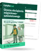 Pudełko dokumentu „Ocena obciążenia mięśniowo-szkieletowego” ze znakiem Ryzykomat i napisem „Plik Word (DOCX)” na froncie, ilustracja stanowiska „Strażnik gminny / miejski”; zza pudełka wystaje strona prawdziwego dokumentu z rozmytą treścią