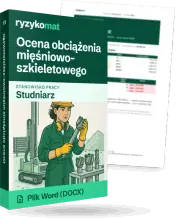 Pudełko dokumentu „Ocena obciążenia mięśniowo-szkieletowego” ze znakiem Ryzykomat i napisem „Plik Word (DOCX)” na froncie, ilustracja stanowiska „Studniarz”; zza pudełka wystaje strona prawdziwego dokumentu z rozmytą treścią