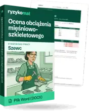 Pudełko dokumentu „Ocena obciążenia mięśniowo-szkieletowego” ze znakiem Ryzykomat i napisem „Plik Word (DOCX)” na froncie, ilustracja stanowiska „Szewc”; zza pudełka wystaje strona prawdziwego dokumentu z rozmytą treścią