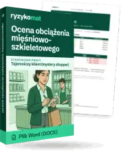 Pudełko dokumentu „Ocena obciążenia mięśniowo-szkieletowego” ze znakiem Ryzykomat i napisem „Plik Word (DOCX)” na froncie, ilustracja stanowiska „Tajemniczy klient (mystery shopper)”; zza pudełka wystaje strona prawdziwego dokumentu z rozmytą treścią