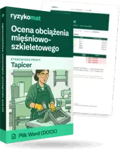 Pudełko dokumentu „Ocena obciążenia mięśniowo-szkieletowego” ze znakiem Ryzykomat i napisem „Plik Word (DOCX)” na froncie, ilustracja stanowiska „Tapicer”; zza pudełka wystaje strona prawdziwego dokumentu z rozmytą treścią