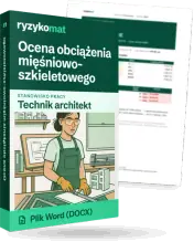 Pudełko dokumentu „Ocena obciążenia mięśniowo-szkieletowego” ze znakiem Ryzykomat i napisem „Plik Word (DOCX)” na froncie, ilustracja stanowiska „Technik architekt”; zza pudełka wystaje strona prawdziwego dokumentu z rozmytą treścią