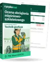 Pudełko dokumentu „Ocena obciążenia mięśniowo-szkieletowego” ze znakiem Ryzykomat i napisem „Plik Word (DOCX)” na froncie, ilustracja stanowiska „Technik geofizyk”; zza pudełka wystaje strona prawdziwego dokumentu z rozmytą treścią