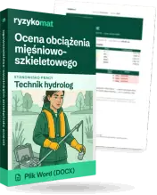 Pudełko dokumentu „Ocena obciążenia mięśniowo-szkieletowego” ze znakiem Ryzykomat i napisem „Plik Word (DOCX)” na froncie, ilustracja stanowiska „Technik hydrolog”; zza pudełka wystaje strona prawdziwego dokumentu z rozmytą treścią
