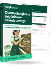 Pudełko dokumentu „Ocena obciążenia mięśniowo-szkieletowego” ze znakiem Ryzykomat i napisem „Plik Word (DOCX)” na froncie, ilustracja stanowiska „Technik instrumentów muzycznych”; zza pudełka wystaje strona prawdziwego dokumentu z rozmytą treścią
