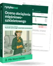 Pudełko dokumentu „Ocena obciążenia mięśniowo-szkieletowego” ze znakiem Ryzykomat i napisem „Plik Word (DOCX)” na froncie, ilustracja stanowiska „Technik technologii materiałów budowlanych”; zza pudełka wystaje strona prawdziwego dokumentu z rozmytą treścią