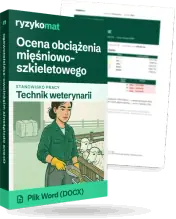 Pudełko dokumentu „Ocena obciążenia mięśniowo-szkieletowego” ze znakiem Ryzykomat i napisem „Plik Word (DOCX)” na froncie, ilustracja stanowiska „Technik weterynarii”; zza pudełka wystaje strona prawdziwego dokumentu z rozmytą treścią