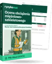 Pudełko dokumentu „Ocena obciążenia mięśniowo-szkieletowego” ze znakiem Ryzykomat i napisem „Plik Word (DOCX)” na froncie, ilustracja stanowiska „Monter sieci telekomunikacyjnych (światłowody)”; zza pudełka wystaje strona prawdziwego dokumentu z rozmytą treścią
