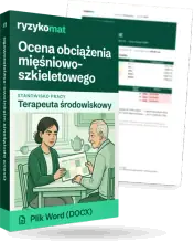 Pudełko dokumentu „Ocena obciążenia mięśniowo-szkieletowego” ze znakiem Ryzykomat i napisem „Plik Word (DOCX)” na froncie, ilustracja stanowiska „Terapeuta środowiskowy”; zza pudełka wystaje strona prawdziwego dokumentu z rozmytą treścią
