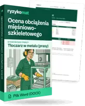 Pudełko dokumentu „Ocena obciążenia mięśniowo-szkieletowego” ze znakiem Ryzykomat i napisem „Plik Word (DOCX)” na froncie, ilustracja stanowiska „Tłoczarz w metalu (prasy)”; zza pudełka wystaje strona prawdziwego dokumentu z rozmytą treścią