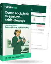 Pudełko dokumentu „Ocena obciążenia mięśniowo-szkieletowego” ze znakiem Ryzykomat i napisem „Plik Word (DOCX)” na froncie, ilustracja stanowiska „Tokarz / frezer (operator CNC)”; zza pudełka wystaje strona prawdziwego dokumentu z rozmytą treścią