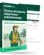 Pudełko dokumentu „Ocena obciążenia mięśniowo-szkieletowego” ze znakiem Ryzykomat i napisem „Plik Word (DOCX)” na froncie, ilustracja stanowiska „Układacz nawierzchni drogowych (asfalt)”; zza pudełka wystaje strona prawdziwego dokumentu z rozmytą treścią