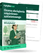 Pudełko dokumentu „Ocena obciążenia mięśniowo-szkieletowego” ze znakiem Ryzykomat i napisem „Plik Word (DOCX)” na froncie, ilustracja stanowiska „Windykator”; zza pudełka wystaje strona prawdziwego dokumentu z rozmytą treścią