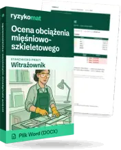 Pudełko dokumentu „Ocena obciążenia mięśniowo-szkieletowego” ze znakiem Ryzykomat i napisem „Plik Word (DOCX)” na froncie, ilustracja stanowiska „Witrażownik”; zza pudełka wystaje strona prawdziwego dokumentu z rozmytą treścią