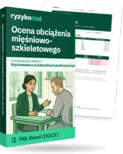 Pudełko dokumentu „Ocena obciążenia mięśniowo-szkieletowego” ze znakiem Ryzykomat i napisem „Plik Word (DOCX)” na froncie, ilustracja stanowiska „Wychowawca w jednostkach penitencjarnych”; zza pudełka wystaje strona prawdziwego dokumentu z rozmytą treścią