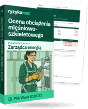 Pudełko dokumentu „Ocena obciążenia mięśniowo-szkieletowego” ze znakiem Ryzykomat i napisem „Plik Word (DOCX)” na froncie, ilustracja stanowiska „Zarządca energią”; zza pudełka wystaje strona prawdziwego dokumentu z rozmytą treścią