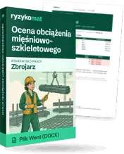 Pudełko dokumentu „Ocena obciążenia mięśniowo-szkieletowego” ze znakiem Ryzykomat i napisem „Plik Word (DOCX)” na froncie, ilustracja stanowiska „Zbrojarz”; zza pudełka wystaje strona prawdziwego dokumentu z rozmytą treścią