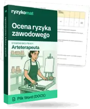 Pudełko dokumentu „Ocena ryzyka zawodowego” ze znakiem Ryzykomat i napisem „Plik Word (DOCX)” na froncie, ilustracja stanowiska „Arteterapeuta”; zza pudełka wystaje strona prawdziwego dokumentu z rozmytą treścią