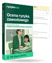 Pudełko dokumentu „Ocena ryzyka zawodowego” ze znakiem Ryzykomat i napisem „Plik Word (DOCX)” na froncie, ilustracja stanowiska „Asystent nauczyciela dziecka cudzoziemca”; zza pudełka wystaje strona prawdziwego dokumentu z rozmytą treścią