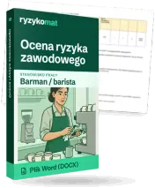 Pudełko dokumentu „Ocena ryzyka zawodowego” ze znakiem Ryzykomat i napisem „Plik Word (DOCX)” na froncie, ilustracja stanowiska „Barman / barista”; zza pudełka wystaje strona prawdziwego dokumentu z rozmytą treścią