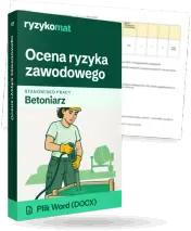 Pudełko dokumentu „Ocena ryzyka zawodowego” ze znakiem Ryzykomat i napisem „Plik Word (DOCX)” na froncie, ilustracja stanowiska „Betoniarz”; zza pudełka wystaje strona prawdziwego dokumentu z rozmytą treścią
